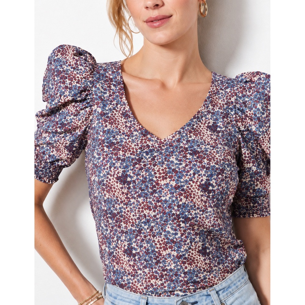 Nation LTD Puff Sleeve Top Womens XS Blue Red Floral Pima Cotton V-Neck
